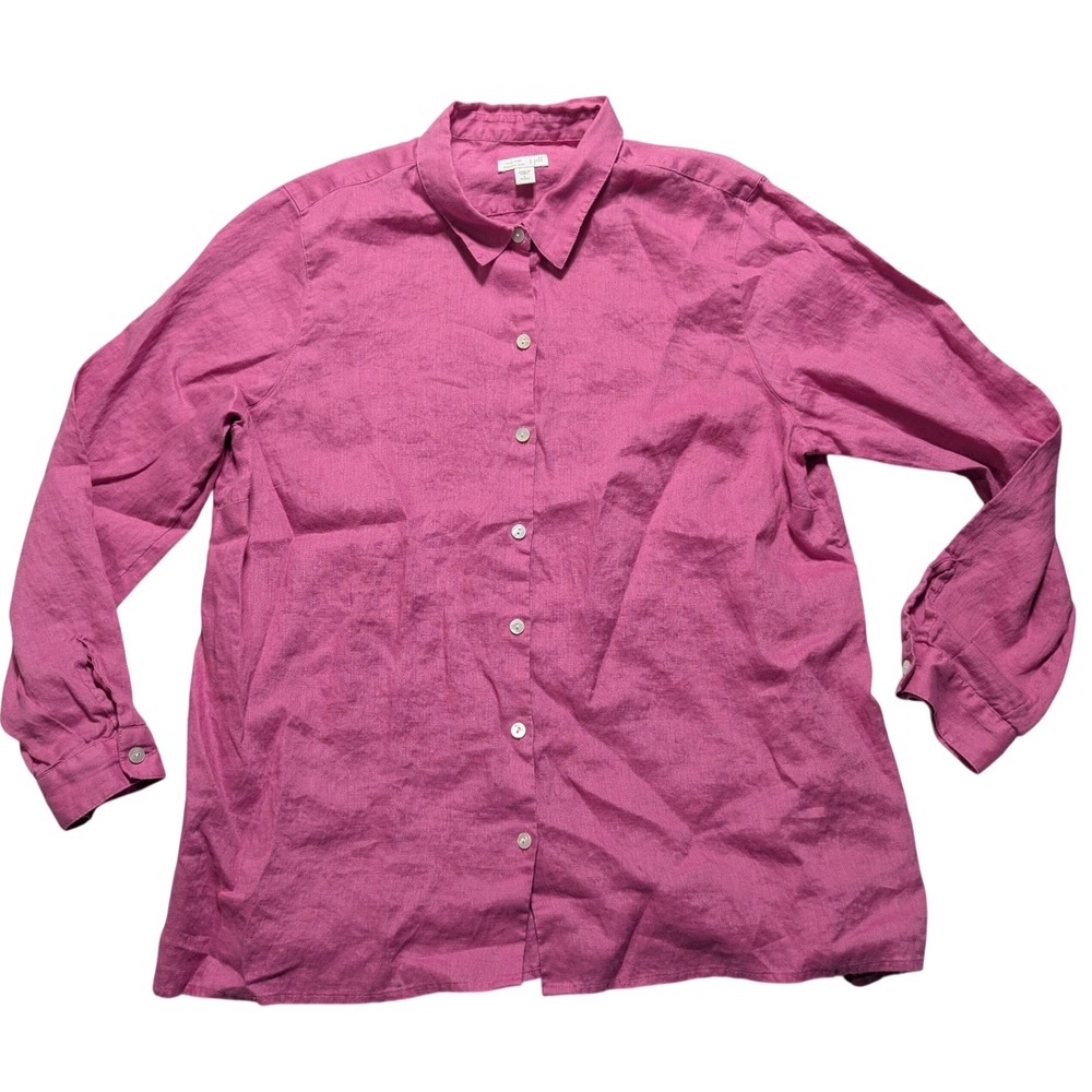 J. Jill Love Linen Essential Shirt Magenta Pink Button Down Top Petite Large EUC